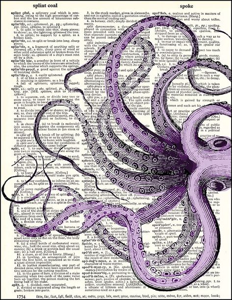 Purple Tentacles, Kraken Art, Giant Squid, Newspaper Art, Octopus Print, Book Page Art, Dictionary Art Print, Dictionary Prints, Octopus Art