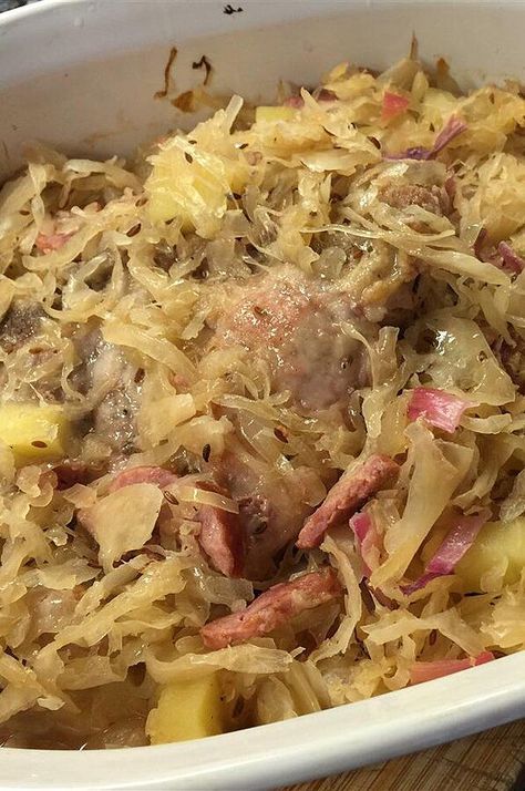 German Pork Chops and Sauerkraut | "Love this receipe! It's easy and everyone loves it." #dinnerideas #dinnerrecipes #familydinnerideas #supper #supperideas Pork Chops Sauerkraut, German Pork Chops, Pork And Sauerkraut Recipe, Pork Roast And Sauerkraut, Pork Chops And Sauerkraut, Pork And Sauerkraut, Sauerkraut Recipe, Hungarian Food, Sweet Pork