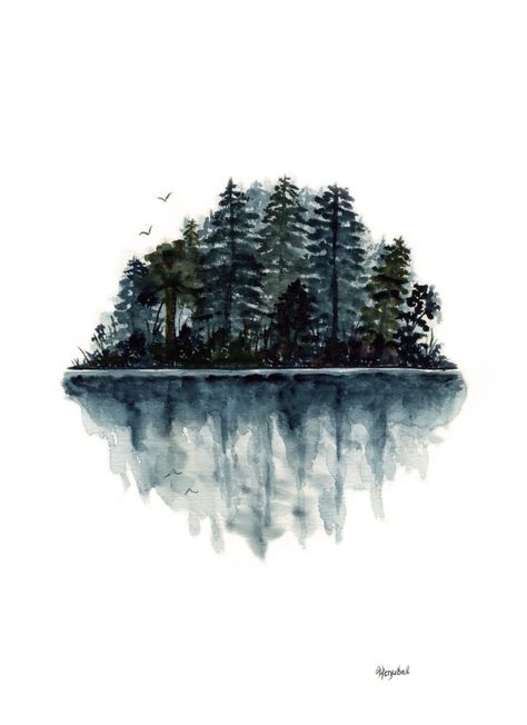 Original Watercolor Painting Forest Lake Reflection Birds Landscape Water Fir Trees Blue Green Black Silhouette 9x12 Abstract Modern Art. $30,00, via Etsy. Birds Landscape, Lake Reflection, Painting Forest, Watercolor Nature, 수채화 그림, Green Tree, Watercolor Inspiration, Arte Floral, Pics Art