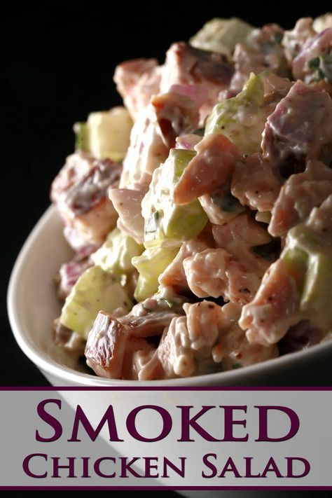 A bowl of smoked chicken salad. Meals With Smoked Chicken, Salad With Smoked Chicken, Smoked Chicken Wraps, Smoked Chicken Sandwich Recipe, Smoked Chicken Pasta Salad, Shredded Smoked Chicken Recipes, Recipes Using Smoked Chicken, Smoked Chicken Salad Recipe, Leftover Smoked Chicken Recipes