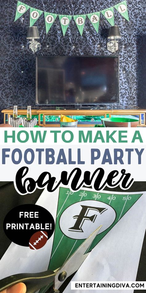 This free printable football flag banner is a cheap and easy DIY football party decoration to add to your super bowl party. Football Party Menu, Football Party Banner, Super Bowl Party Games, Football Party Printables, Football Party Appetizers, Superbowl Party Games, Appetizers Football, Superbowl Party Decorations, Football Cakes