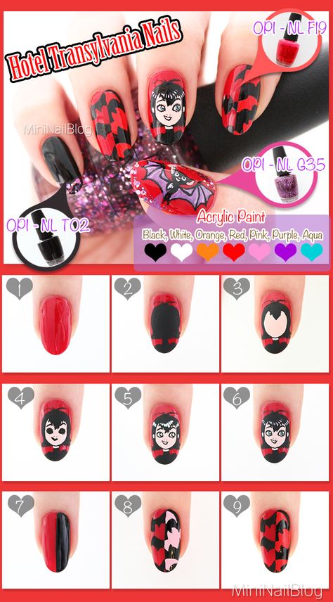 Hotel Transylvania Nail Art Tutorial https://nailbees.com/supernatural-nail-art.html #31DC2014 #NailArt #Animation #Film Hotel Transylvania Nails, Hotel Transylvania Nails Art, Hazbin Hotel Inspired Nails, Ghostface Nail Tutorial, Horror Character Nail Art, Supernatural Nails, Halloween Town Nail Art, Owl Nails, Minion Nails