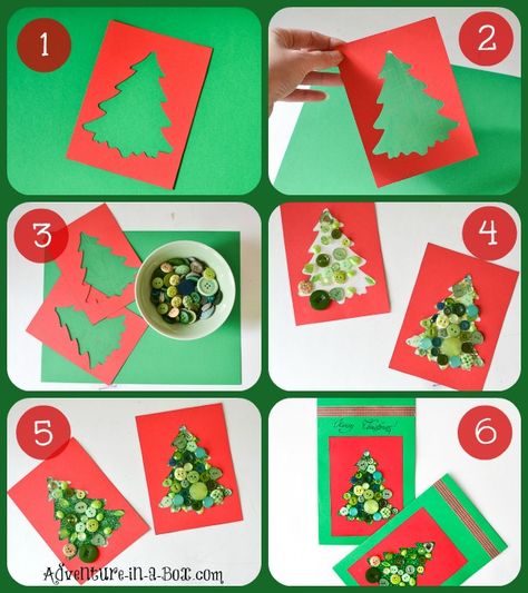 Button Christmas Cards with Toddlers: kids of different ages can participate in making this Christmas craft Button Christmas Cards, Christmas Card Wishes, Tree Template, Christmas Tree Template, Christmas Crafts For Toddlers, Christmas Cards Kids, Simple Christmas Cards, Christmas Crafts For Kids To Make, Homemade Christmas Cards