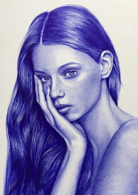 Ballpoint pen portrait Instagram @anacuadratura Biro Portrait Drawing, Ball Pen Portrait, Ball Point Pen Portraits, Blue Ballpoint Pen Art, Pen Portrait Sketches, Ball Pen Sketch Simple, Ballpoint Pen Drawing Sketches, Ballpoint Portrait, Blue Pen Sketches