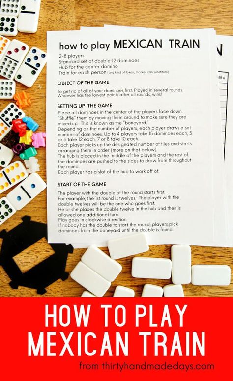 HOW TO PLAY MEXICAN TRAIN   www.thirtyhandmadedays.com  #mexicantrain #familygame How To Play Card Games, How To Play Mexican Train Dominoes, Mexican Games For Adults, How To Play Mahjong, Mexican Games, Fiesta Night, Mexican Train Dominoes, Mexican Train, Bear Mounts