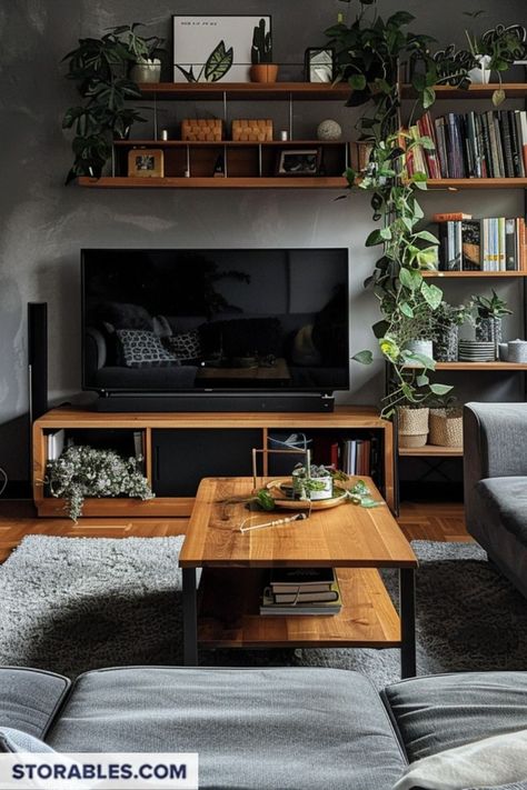 Dark Wood Black Metal Living Room, Black Wood Living Room Decor, Moody Living Room Gray Couch, Black Grey And Wood Living Room, Black And Wood Apartment, Black And Wood Room, Black Living Room Color Scheme, Wood And Black Decor, Grey And Wood Living Room Ideas