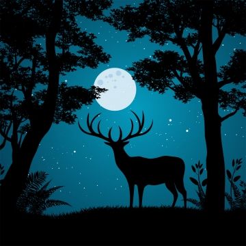 Wildlife Silhouette Painting, Night Forest Painting Easy, Silhouette Art Nature, Silouttes Art, Moonlight Silhouette, Deer Silhouette Painting, Moonlight Background, Tree Silhouette Art, Landscape Jungle