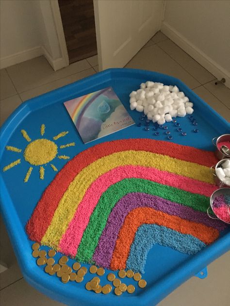 Small world tuff tray eyfs early years imaginative play rainbow rice Colourful Tuff Tray Ideas, Weather Messy Play, Fairytale Tuff Tray, Spring Tough Tray Ideas, Rainbow Tuff Tray Ideas, Rice Tuff Tray Ideas, Rainbow Messy Play, Weather Tuff Tray, Mess Free Tuff Tray Ideas