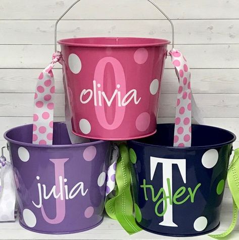 Personalized Bucket -Monogram or Name - Firetruck - Bunny - Train - Crown - Sports Painted Buckets, Easter Cricut, Easter Pail, Personalized Easter Bucket, Easter Paper Crafts, Easter Bunny Treats, Easter Crafts Preschool, Custom Easter Baskets, Easter Crafts For Toddlers