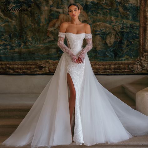 Alonlivn Luxurious Fitted Mermaid Gown Made Of Exclusive Beaded Lace Off The Shoulder Fantastic 2 In Luxury Wedding Dress Mermaid, Mermaid Wedding Dress With Detachable, Wedding Dress With Detachable Train, Dress With Detachable Train, Long Sleeve Bridal Gown, Detachable Train, Bridal Elegance, Mermaid Sequin, Sweetheart Wedding Dress