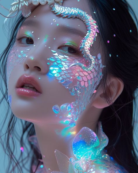 Mermaidcore collection now available! #mermaidcore #mermaidcoreaesthetic #aesthetic #digitalwallart Kpop Mermaid Concept, Glittery Photoshoot, Seapunk Aesthetic, Mermaid Editorial, Ocean Makeup, Mermaid Photoshoot, Face Decor, Mermaid Eyes, Siren Aesthetic