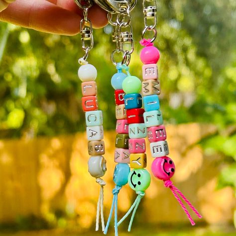 Custom beaded keychain, Custom Name Keychain, Backpack Tag, Square Beaded Name Charm, happy face keychain, handmade personalized keychain by ShopStickeeVinyl on Etsy Alphabet Names, Keychain Custom, Keychain Backpack, Name Keychain, Beaded Keychain, Keychain Handmade, Backpack Tags, Backpack Charm, Personalized Letters