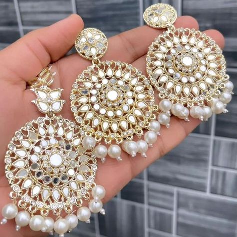 Mirror Work Earrings And Mangtikka Jewellery Set For Women Light Gold Pleting💞 #jewelry #amazingfashion #instagram #ordernow Festive Mirror Work Earrings For Wedding, Luxury Elegant Earrings With Mirror Work, Traditional Mirror Work Earrings For Festival, Gold Earrings With Mirror Work For Eid, Bollywood Style Mirror Work Earrings For Festive Occasion, Mirror Work, Jewelry Set, Gold