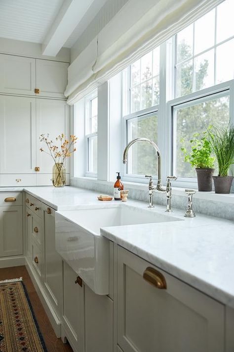 Ivory Kitchen Cabinets with White Farmhouse Sink - Transitional - Kitchen Polished Nickel Kitchen Faucet, Ivory Kitchen Cabinets, Polished Nickel Kitchen, Open Kitchen Cabinets, Ivory Kitchen, White Farmhouse Sink, Kitchen Finishes, Backsplash Tiles, Open Kitchen Shelves