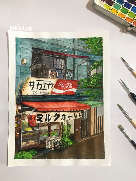 Japanese Store Fronts Drawing, Gouache Architecture Painting, Gouache Building Painting, Japanese Store Drawing, Japanese Gouache Painting, Gouche Painting Himi, Japan Aesthetic Painting, Painting Ideas Japanese, Himi Paint