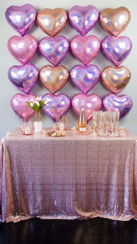 Girls Brunch Party | CatchMyParty.com Girls Brunch Party, Heart Themed Birthday, Celebration Aesthetic, Mirror Trays, Wire Candle Holder, Purple Valentine, Beautiful Balloons, Rose Gold Theme, Girls Brunch