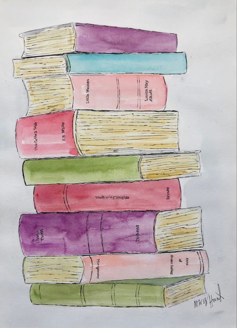 Watercolor Book Painting, Stack Of Books Painting, Watercolor Books Painting, Book Stack Painting, Boy Reference, Books Painting, Library Den, Books Stacked, Girls Bedroom Art