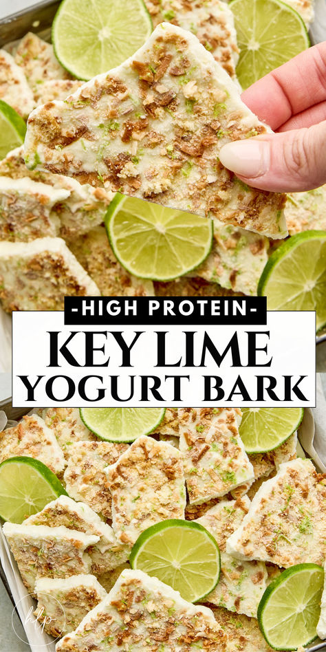 A tall pin with a photo of a lady holding a piece of the high protein key lime pie bark Protein Summer Recipes, Simple Healthy Snacks For Work, Beach Snacks For Family, Key Lime Pie Yogurt Bark, High Protein Key Lime Pie Bark, Summer High Protein Meals, Healthy Simple Snacks Clean Eating, Protein Key Lime Pie, Protein Bark