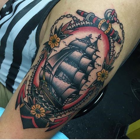 40 Likes, 2 Comments - @worldsbesttattooing on Instagram: “Nice traditional clipper ship from pjandersontattoos #tattoo #tattoos #tattooer #tattooist…” Clipper Ship Tattoo, Traditional Lighthouse Tattoo, Traditional Ship Tattoo, Sailor Tattoos, Octopus Tattoo Design, Traditional Style Tattoo, Anchor Tattoos, Nautical Tattoo, Clipper Ship