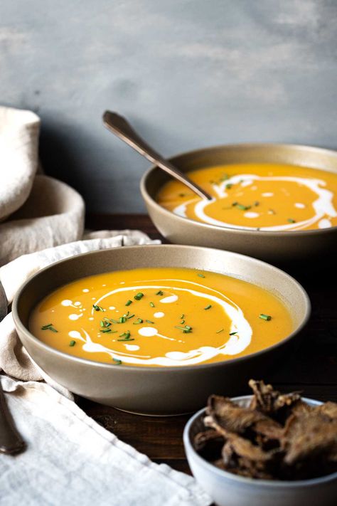 Easy Butternut Squash Soup with Sweet Potato - The Hungry Bites Soup With Sweet Potato, Soup Butternut Squash, Easy Butternut Squash Soup, Butternut Squash Sweet Potato, Butternut Squash Sweet, Vegan Pumpkin Soup, Easy Butternut Squash, Coconut Milk Soup, Sweet Soup