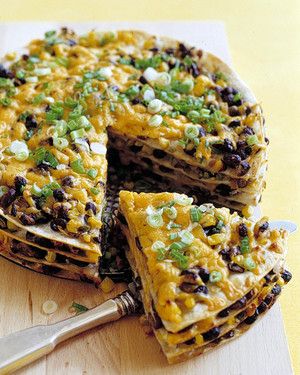 Serve this brightly colored, layered tortilla pie with salsa and sour cream on the side. You can assemble the pie ahead of time, then bake it just before serving. Black Bean Pie Recipe, Tortilla Pie, Bean Pie, Pizza Roll, Menu Recipes, Martha Stewart Recipes, Mexican Dish, Think Food, Weekly Menu