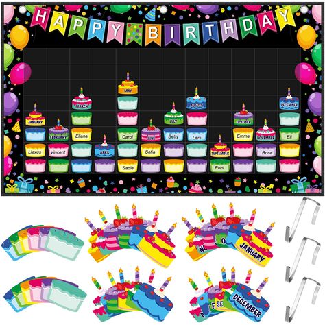 PRICES MAY VARY. Happy Birthday Chart for Classroom: the birthday pocket chart set includes 1 happy birthday calendar, 48 month cards in 24 styles, 96 dry erase name cards in 12 styles, and 3 hooks for your convenience; The abundant quantity can meet the use needs of boys and girls in the class Suitable Size for Use in Various Places: the size of the birthday calendar poster is about 19.69 x 31.5 inches, which is very suitable for hanging in the classroom, activity center or office; The size of Birthday Chart For School, Employee Birthday Board, Birthday Bulletin Boards Classroom, Creative Birthday Charts For Classroom, Birthday Charts For School, Birthday Calendar Ideas, Birthday Chart For Classroom, Birthday Chart For Preschool, Chart For School