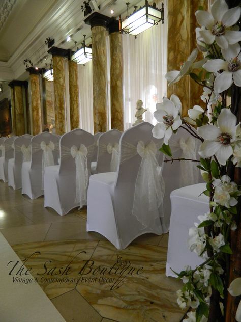 Ivory lace & Organza sashes on White chair covers Lace Chair Covers, White Seat Covers, Wedding Interior, Wedding Ceremony Chairs, White Chair Covers, Ceremony Chairs, Indoor Wedding Ceremonies, Wedding Chair Decorations, Chair Sash