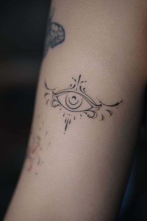 Mandala Tattoo With Eye, Small Sacred Geometry Tattoo, Eye Of Intuition Tattoo, Ornamental Eye Tattoo, 8888 Tattoo, Eye Spine Tattoo, Feminine Elbow Tattoo, Cat Eye Tattoo, Intuition Eye Tattoo