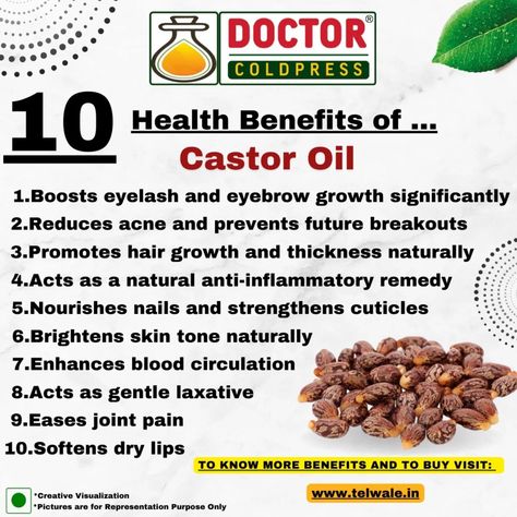 Doctor Coldpress Health Benefits of Castor oil Castor, derived from the seeds of the castor plant (Ricinus communis), is widely valued for its medicinal and industrial properties. Castor oil, in particular, is packed with nutrients like ricinoleic acid, fatty acids, and antioxidants, making it a versatile remedy for health, beauty, and wellness. Known for its purgative effects, it also supports skincare and haircare routines. Health Benefits 1. Natural Laxative 💊: Castor oil is an effectiv... Castor Oil Pack Benefits, Haircare Routines, Castor Plant, Benefits Of Castor Oil, Castor Oil Benefits, Castor Oil Packs, Skincare And Haircare, Eyebrow Growth, Creative Visualization