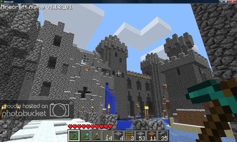 Old Minecraft Builds, Minecraft Volume Alpha, Minecraft Basalt Builds, Mountain Top Castle Minecraft, Retro Minecraft, Minecraft Liminal, Beta Minecraft, Castle On Mountain Minecraft, Minecraft Hilltop Castle