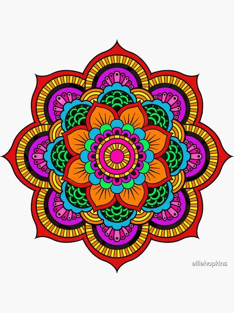 "Colourful Indian Mandala" Sticker by elliehopkins | Redbubble Coloured Mandala Drawing, Mandala Coloring Ideas, Mandla Mandela Art, Mandala Art Design Colour, Mandela Art Colorful, Mandela Colouring, Mandala Art Colorful Patterns, Mandala Coloring Pages Finished, Mandala Drawing Colourful