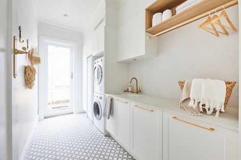 Luke and Jasmin's laundry on The Block 2020. A gorgeous design with lots of space and storage. Laundry Doors, White Laundry, Laundry Room Layouts, Laundry Design, Laundry Room Remodel, Laundry Room Inspiration, White Cabinetry, Rooms Reveal, Laundry Room Organization