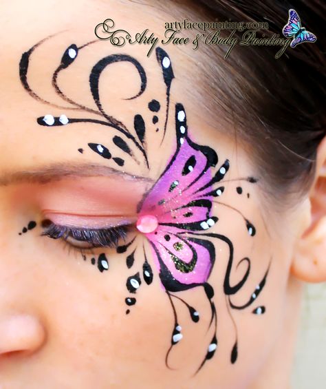 Butterfly Face Painting                                                                                                                                                      More Face Painting Ideas For Halloween, Creative Face Painting, Painting Ideas For Halloween, Carnaval Make-up, Adult Face Painting, Halloween Makeup Look, Butterfly Face Paint, Girl Face Painting, Face Painting Ideas