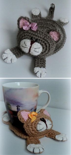 Crocheted Cat Coasters, Free Cat Coaster Crochet Patterns, Crochet Objects, Crochet Square Pattern, Cat Hats, Crochet Cat Toys, Cat Cup, Crochet Coasters Free Pattern, Coaster Pattern