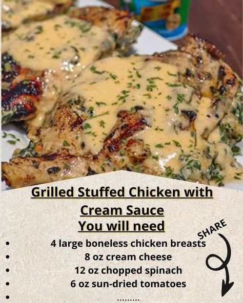 Megan's Recipes - Grilled Stuffed Chicken with Cream Sauce... Chicken With Cream Sauce, Grilled Stuffed Chicken, Cream Sauce For Chicken, Chicken Marinade, Stuffed Chicken, Chicken Marinades, Chicken Lovers, Boneless Chicken Breast, Chicken Dishes Recipes