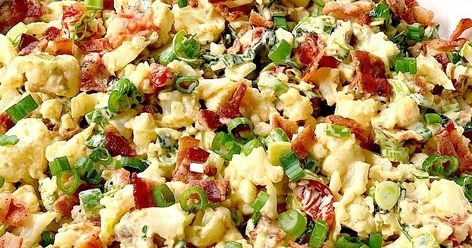 BLT Cauliflower Salad | Bobbi's Kozy Kitchen Salad With Bacon Bits, Cauliflower Salad With Bacon, Cauliflower Salad Recipe, Smoked Almonds, Cauliflower Side Dish, Bacon Cauliflower, Roasted Strawberries, Bacon Salad, Cauliflower Salad