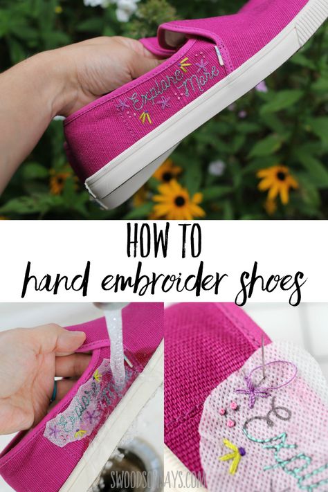 See how easy it is to hand embroider shoes with this beginner embroidery tutorial! Hand embroidered shoes are a fun project perfect for working on while you travel or while at home watching tv. Free hand embroidery pattern included in this sponsored post. #embroidery Embroidered Shoes Diy, Embroidery Shoes Diy, Embroider Shoes, Canvas Shoes Diy, Floral Hand Embroidery, Embroidery Shoes, Hand Embroidery Projects, Embroidered Shoes, Embroidery On Clothes