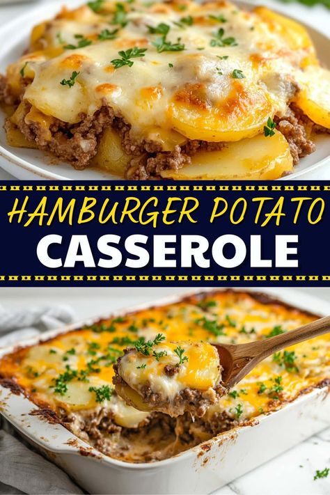 With minimal prep work and just a few ingredients, this hearty hamburger potato casserole bakes into a delicious, comforting meal the whole family will love. Hamburger And Potato Casserole, Hamburger Potato Casserole, Hamburger And Potatoes, Ground Beef And Potatoes, Beef And Potatoes, Potatoe Casserole Recipes, Hamburger Meat, Bechamel Sauce, Ground Beef Recipes For Dinner