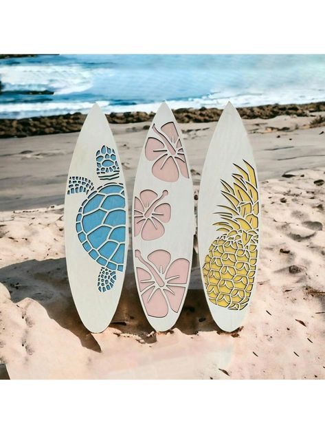 Canary Houze · Products · Tropical Surfboard Wall Hanging Trio - Hawaiian Beach Decor Set with Hibiscus, Pineapple, and Sea Turtle Design (Copy) · Shopify Strand Decor, Sea Turtle Decor, Nautical Bedroom, Wooden Surfboard, Surfboard Wall Art, Surfboard Wall, Turtle Decor, Pineapple Decor, Surfboard Design