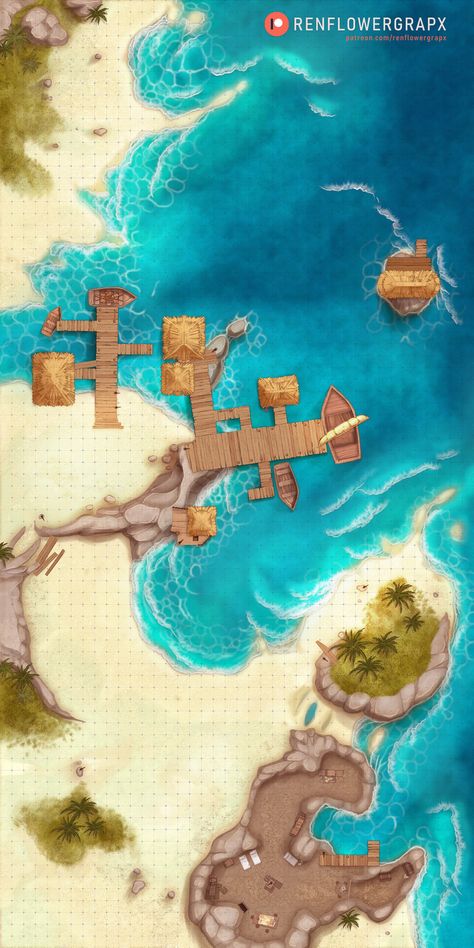 EXTRA LOOT: Exotic Beach Port 40x80 | Ren on Patreon Beach Battle Map Dnd, Dnd Island Art, Old Sea Map, Dnd Beach Map, Beach Battlemap, D&d Pirate, Menagerie Coast, Fantasy Beach, Sea Map