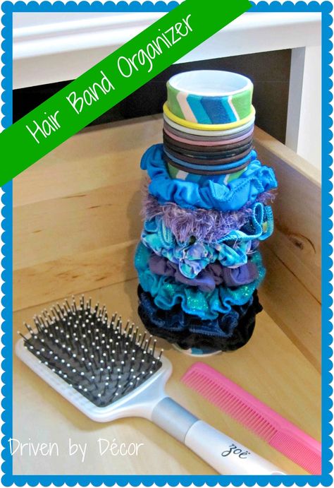 Cover a 99 cent gift mailer with fabric for a cute, inexpensive way to organize scrunchies and hair bands! Hair Accessories Organizer, Scrunchie Holder, Diy Scrunchie, Diy Organizer, Pringles Can, Hair Accessories Storage, Driven By Decor, Accessories Organizer, Organizing Hair Accessories