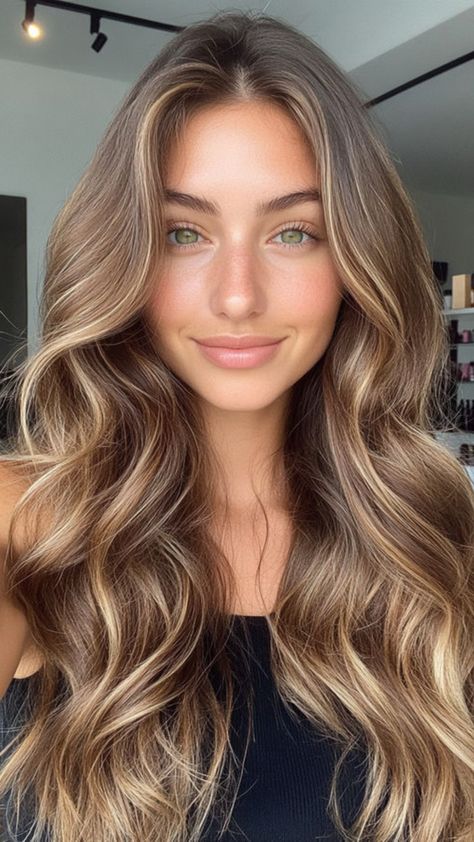 Dirty Blonde With Brown Highlights, Money Piece Hair Dark Brown, Brunette Hair With Light Highlights, Brown Hair With Dirty Blonde Highlights, Balayage Hair Blonde Brunette, Foliage Hair Brunette, Winter Hair Inspo Color, Blonde Hairlights On Brown Hair, Kelsey Anderson Hair