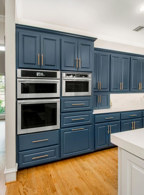 Benjamin Moore Gentleman's Gray, Moore Kitchen, Grey Blue Kitchen, Navy Blue Paint, Blue Kitchen Cabinets, Flat Panel Cabinets, Gray Cabinets, White Upholstery, Modern Kitchen Cabinets