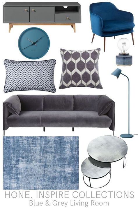 Blue And Grey Living Room, Blue Grey Living Room, Living Room Mood Board, Living Room Colour, Living Room Colour Schemes, Blue Sofas Living Room, Grey Sofa Living Room, Grey Living Room, Blue Living Room Decor