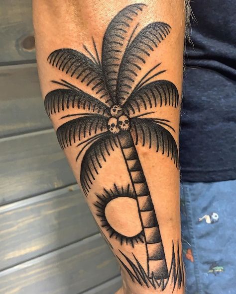 Traditional Palm Tree Tattoo, Tree Tattoo Black, Tattoo Sailor, Palm Tree Tattoo, Sailor Jerry, Black Ink Tattoos, Tattoo Supplies, Tree Tattoo, American Traditional