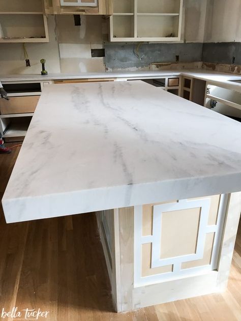 Tucker Kitchen Remodel- Week 4 - Bella Tucker 3 Inch Mitered Edge Countertop, Mitered Edge Countertop, Marble Kitchen Wall, Kitchen Island Overhang, Kitchen Countertop Decor Ideas, Countertop Decor Ideas, Kitchen Design Countertops, Living Area Ideas, Kitchen Countertop Ideas