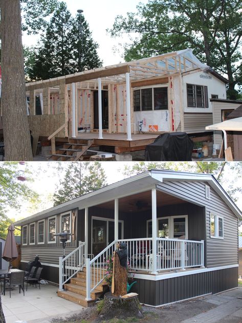 Trailer Remodel Outside Mobile Homes, Park Model Additions, Singlewide Mobile Home Additions, Single Wide With Addition, Trailer Additions Single Wide, Upgraded Trailer Homes, Diy Mobile Home Addition, Trailer Home Additions, Before And After Trailer Home Remodels