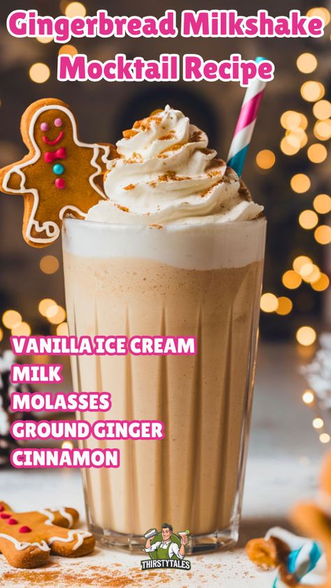 "Indulge in the festive spirit with this delightful Gingerbread Milkshake Mocktail recipe! Perfect for the holidays, this creamy holiday milkshake combines the warm flavors of gingerbread, making it a must-try among festive drink recipes. Enjoy this non-alcoholic cocktail as a sweet treat for Christmas gatherings or cozy winter evenings. Discover more winter beverage ideas and elevate your holiday celebrations with this delicious gingerbread mocktail!" Christmas Breakfast Drinks Nonalcoholic, Winter Mocktail Recipe, Non Alcoholic Drinks Christmas, Christmas Drink For Kids, Gingerbread Mocktail, Christmas Non Alcoholic Drinks, Christmas Kid Drinks Fun, Fun Mocktail Recipe, Holiday Drinks Nonalcoholic