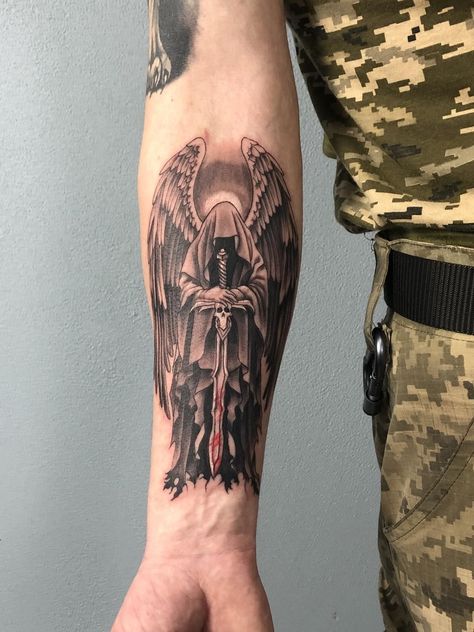 Azrael Tattoo, Guardian Angel Tattoo Designs, Tato Maori, Galaxy Wallpapers, Aztec Tattoo Designs, Last Kingdom, Reaper Tattoo, Band Tattoo Designs, Full Sleeve Tattoo Design