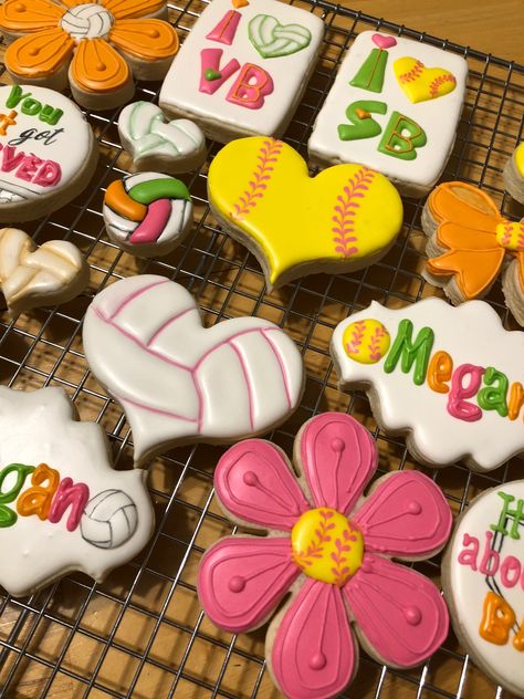 Volleyball and softball birthday Cookies Softball Bake Sale Ideas, Softball Cookies Decorated, Volleyball Desserts, Softball Sugar Cookies, Volleyball Decorated Cookies, Softball Birthday Cookies, Softball Cookies, Softball Treats, Mad Hatter Day